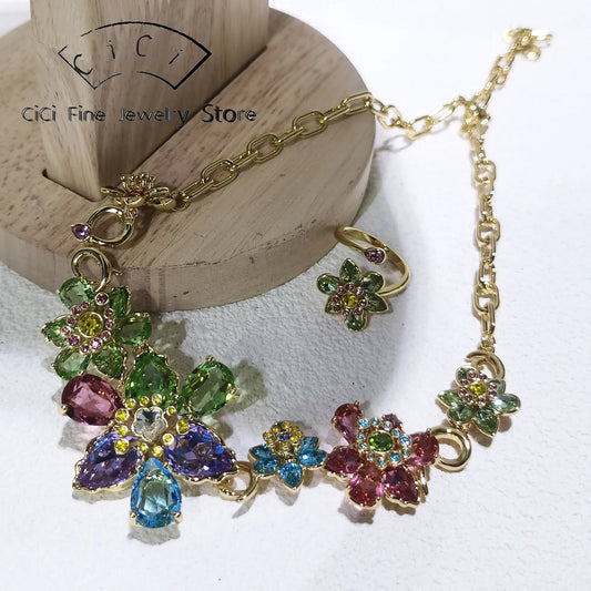 2025 Original Multicolor Mixed Cut Crystal Jewelry Set High Quality Women's Flower Necklace Earrings Bracelet Ring Romantic Gift