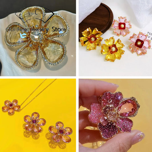 2025 Luxury Yellow Flower Necklace for Women Fine Jewelry Set Original Pink Cut Crystal Earrings Ring Bracelet Party Accessories