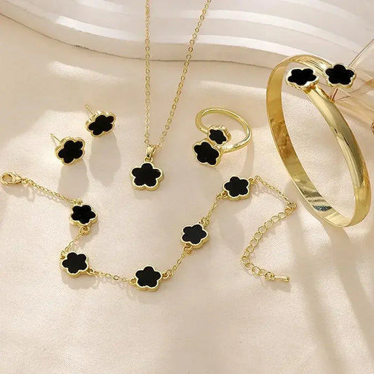 5 unids/set de conjuntos de joyería de calidad de lujo, planta de flor de ciruelo, flor de cinco hojas, pendientes, anillos, pulsera, collar, brazaletes, regalo